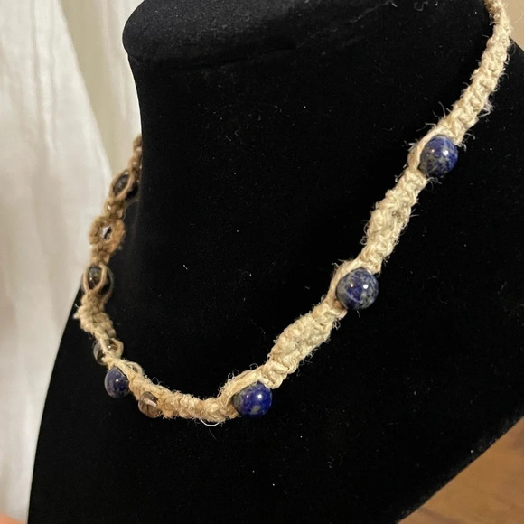 NWT Handmade Hemp Choker Necklace Lapis Lazuli & Smoky Quartz beads. Unisex - Picture 4 of 6